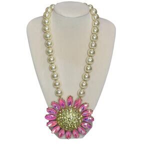 Betsey Johnson Sunflower Statement Necklace Pink Crystal Faux Pearl Bold Playful